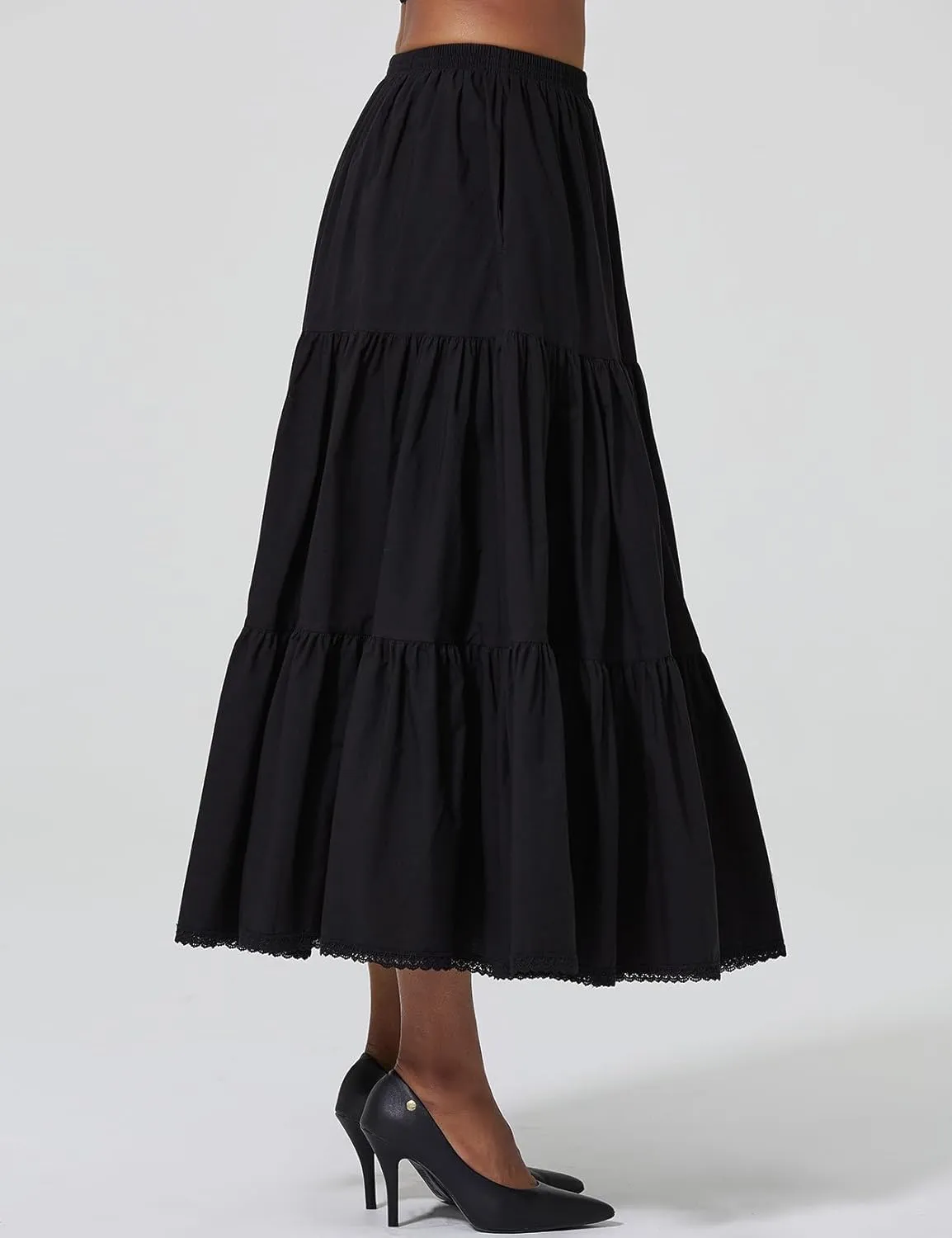 100% Cotton Women Midi Skirt with Pockets Elastic High Waist A Line Lace Tiered Renaissance Skirt