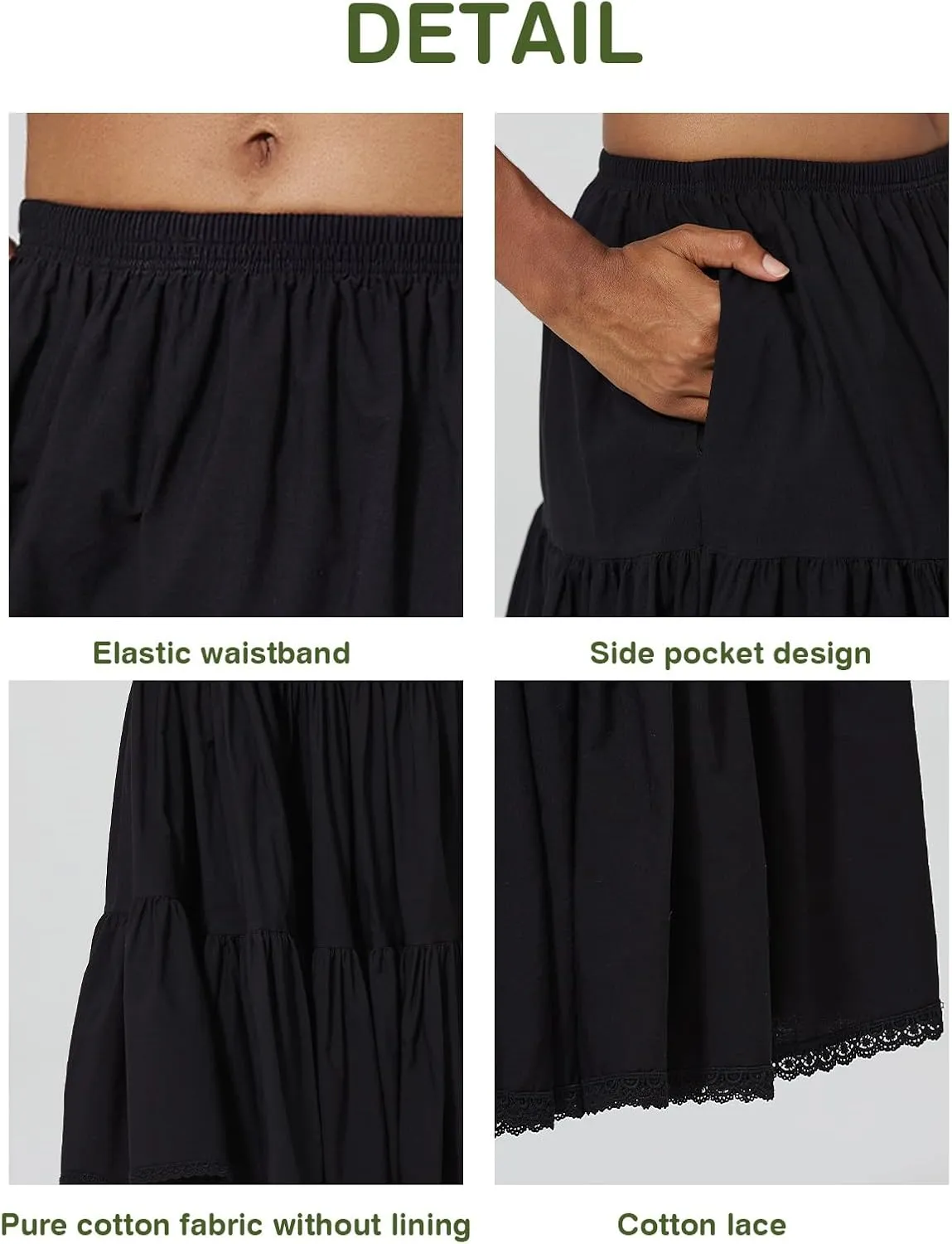 100% Cotton Women Midi Skirt with Pockets Elastic High Waist A Line Lace Tiered Renaissance Skirt