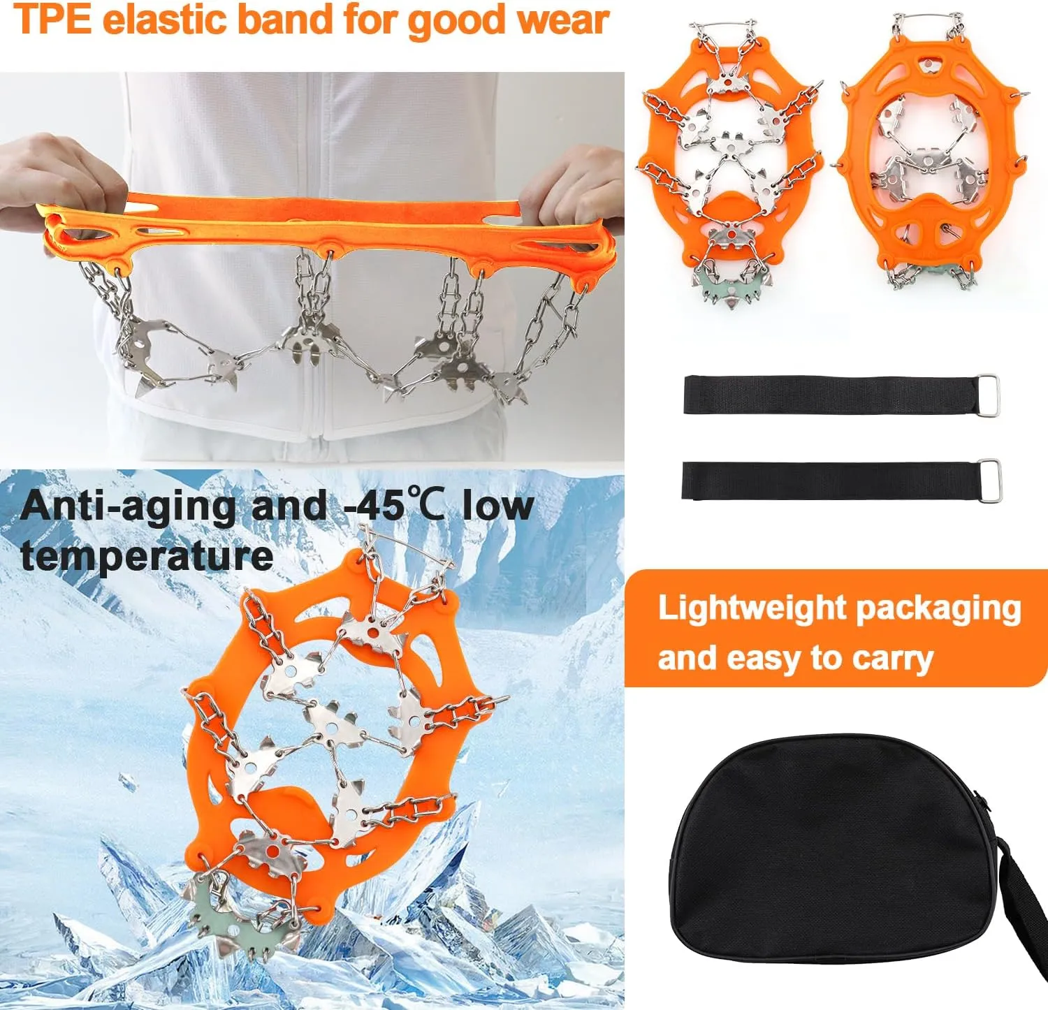 32-Spike Hiking Boots & Shoes Traction Cleats Ice Snow Grips Stainless Steel Anti Slip for Winter Outdoor Activities
