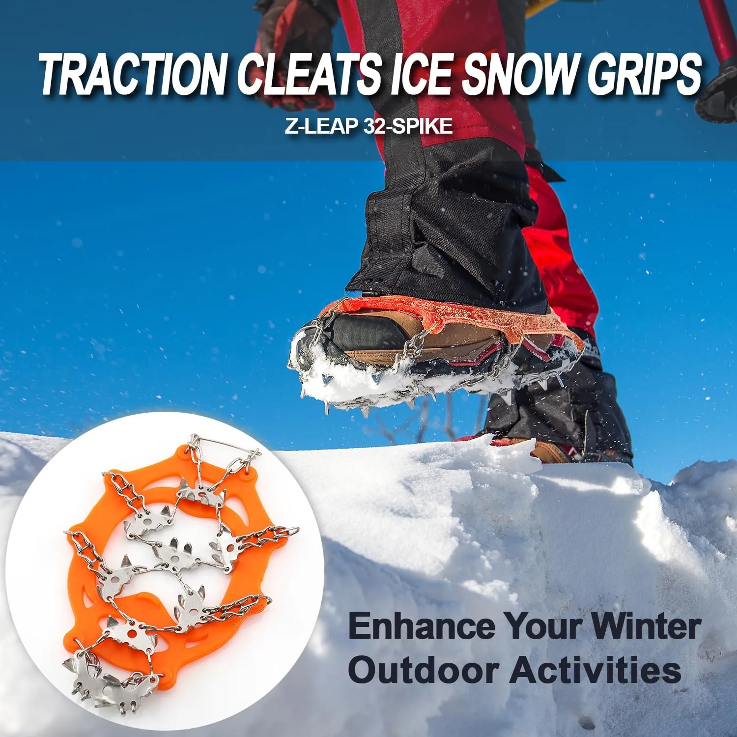 32-Spike Hiking Boots & Shoes Traction Cleats Ice Snow Grips Stainless Steel Anti Slip for Winter Outdoor Activities