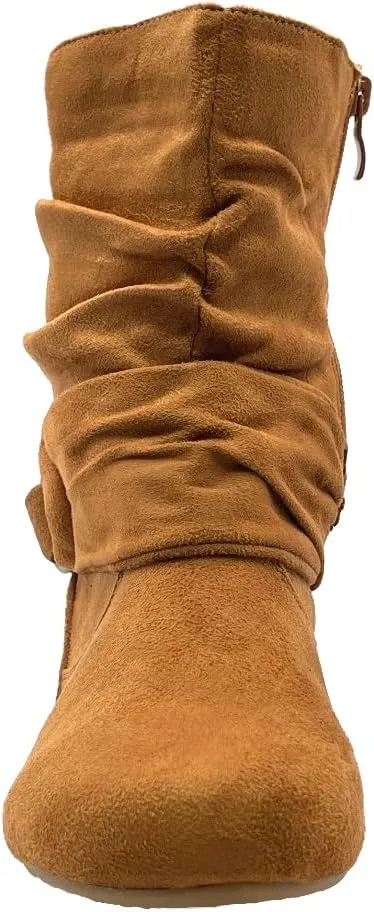 ABSOLEX Women Suede Fashion Slouch Mid Calf Low Heel Casual Slip On Ankle Bootie