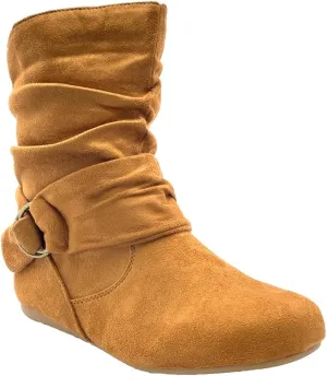 ABSOLEX Women Suede Fashion Slouch Mid Calf Low Heel Casual Slip On Ankle Bootie