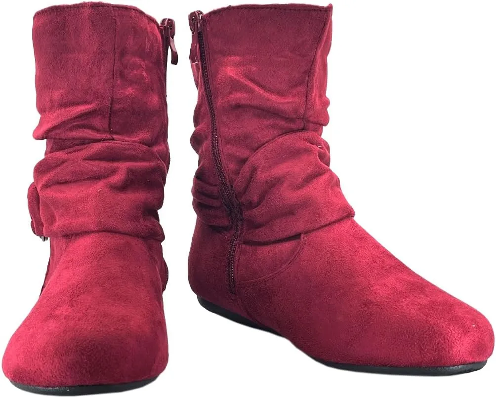 ABSOLEX Women Suede Fashion Slouch Mid Calf Low Heel Casual Slip On Ankle Bootie