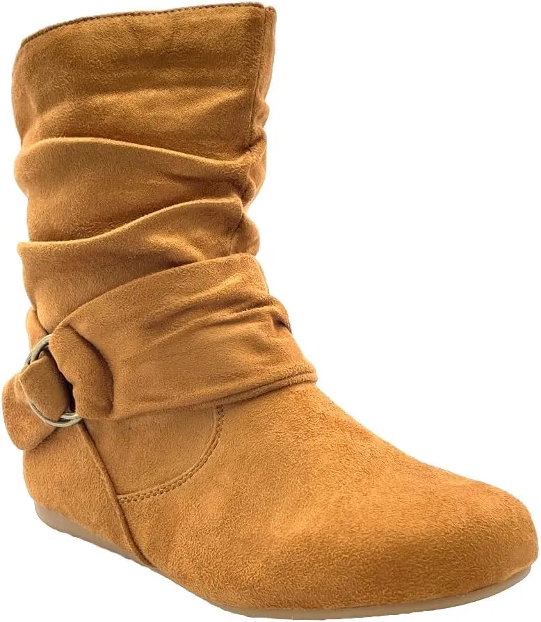 ABSOLEX Women Suede Fashion Slouch Mid Calf Low Heel Casual Slip On Ankle Bootie