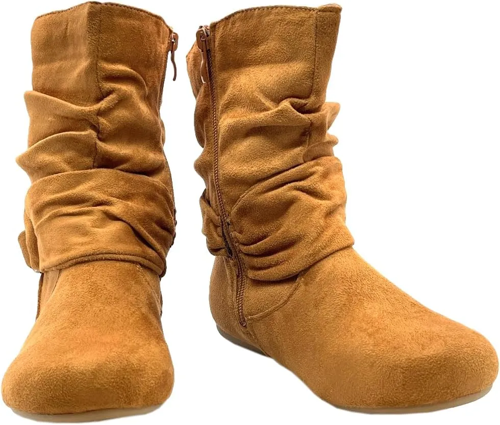 ABSOLEX Women Suede Fashion Slouch Mid Calf Low Heel Casual Slip On Ankle Bootie