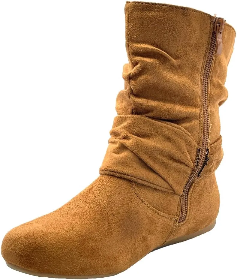 ABSOLEX Women Suede Fashion Slouch Mid Calf Low Heel Casual Slip On Ankle Bootie