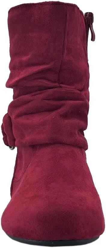 ABSOLEX Women Suede Fashion Slouch Mid Calf Low Heel Casual Slip On Ankle Bootie