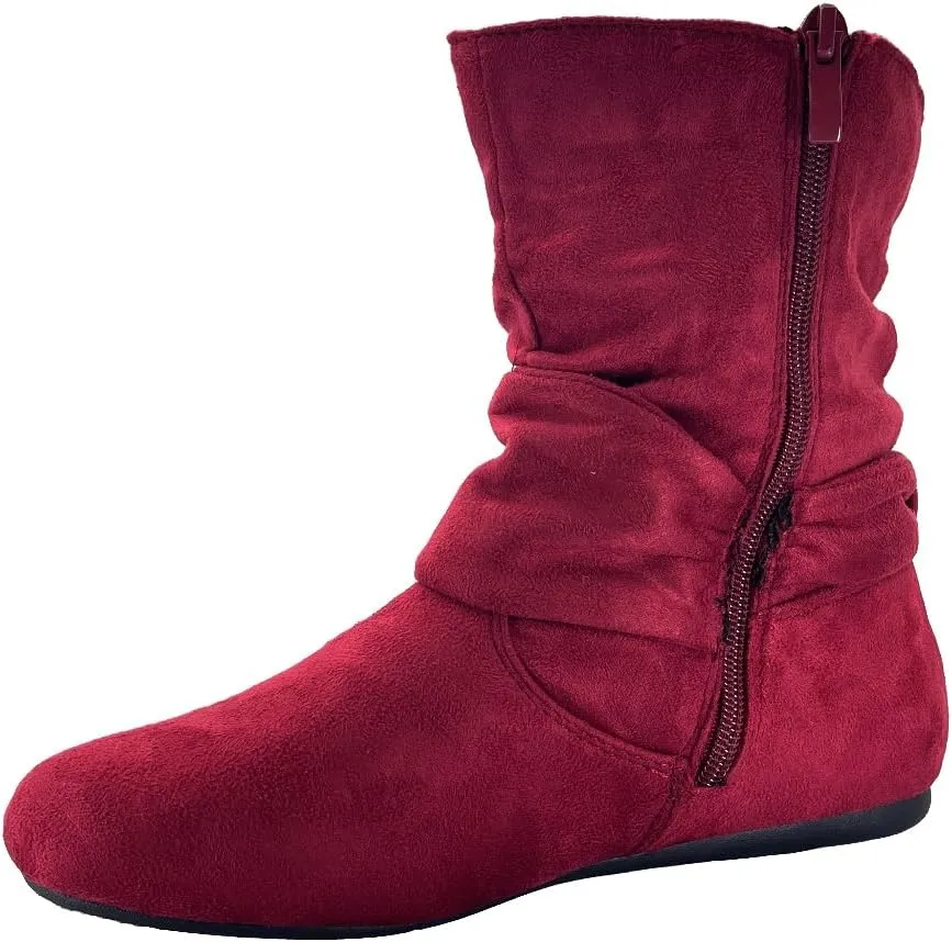 ABSOLEX Women Suede Fashion Slouch Mid Calf Low Heel Casual Slip On Ankle Bootie