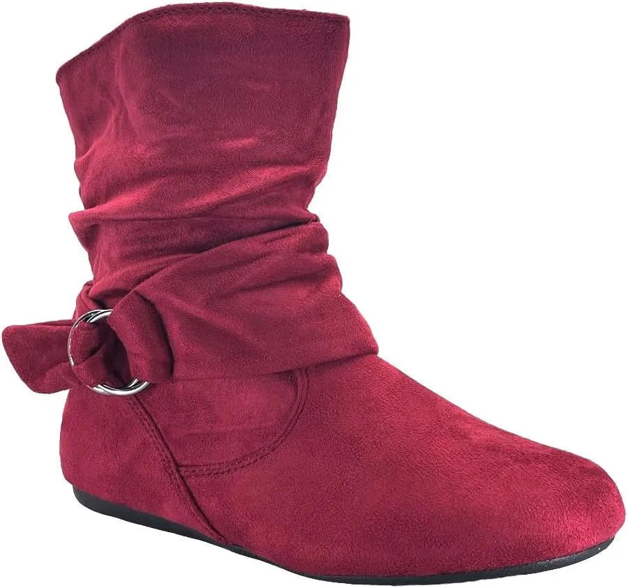ABSOLEX Women Suede Fashion Slouch Mid Calf Low Heel Casual Slip On Ankle Bootie