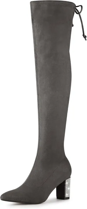Allegra K Women's Chunky Heels Bling Rhinestone Over the Knee High Boots