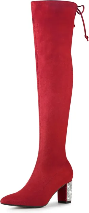 Allegra K Women's Chunky Heels Bling Rhinestone Over the Knee High Boots