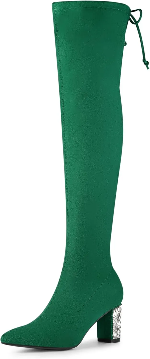 Allegra K Women's Chunky Heels Bling Rhinestone Over the Knee High Boots