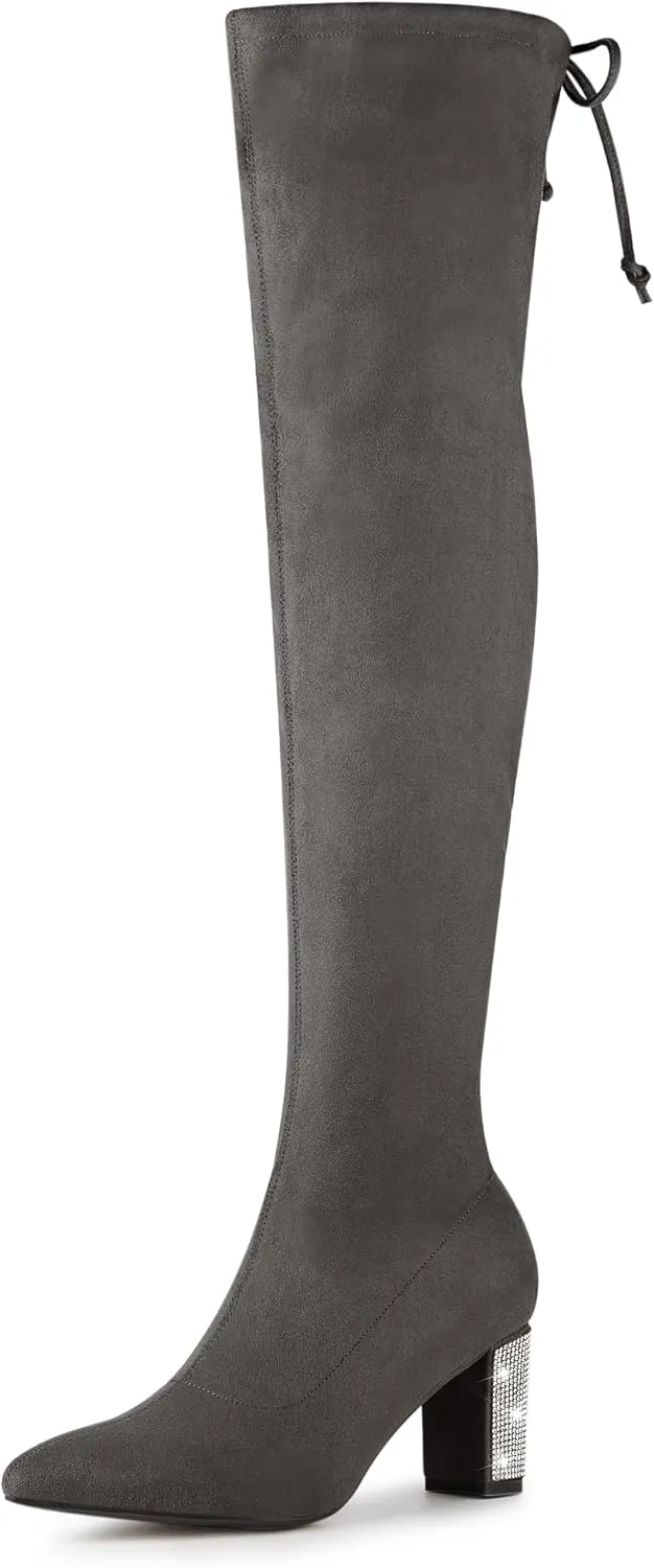Allegra K Women's Chunky Heels Bling Rhinestone Over the Knee High Boots