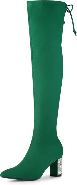 Allegra K Women's Chunky Heels Bling Rhinestone Over the Knee High Boots