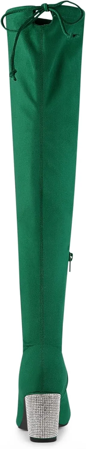 Allegra K Women's Chunky Heels Bling Rhinestone Over the Knee High Boots