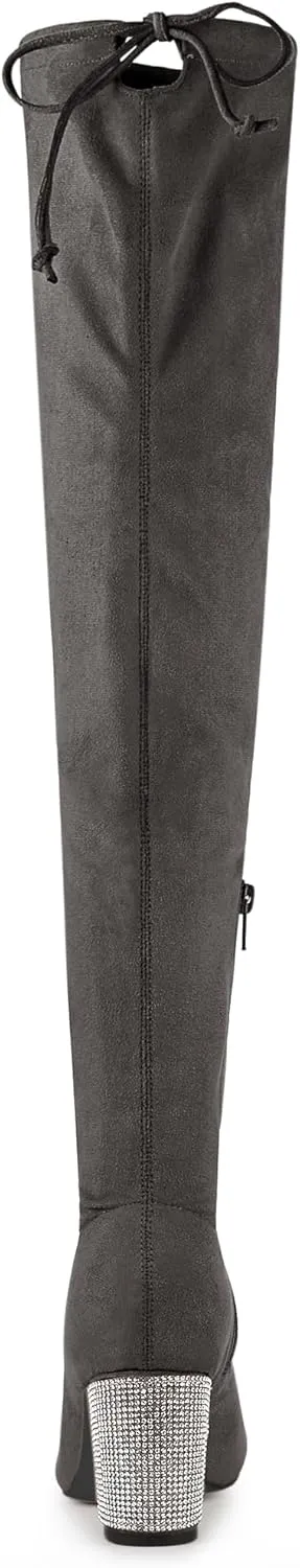 Allegra K Women's Chunky Heels Bling Rhinestone Over the Knee High Boots