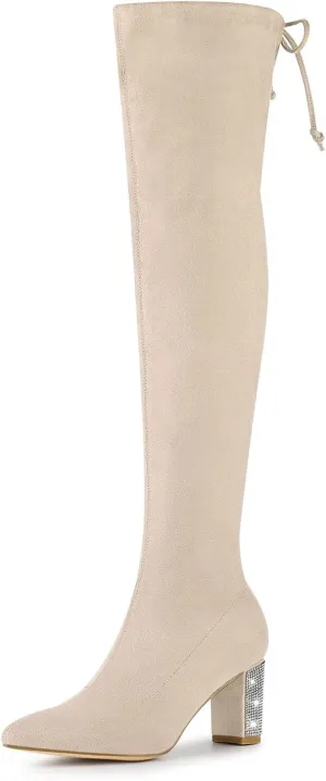 Allegra K Women's Chunky Heels Bling Rhinestone Over the Knee High Boots