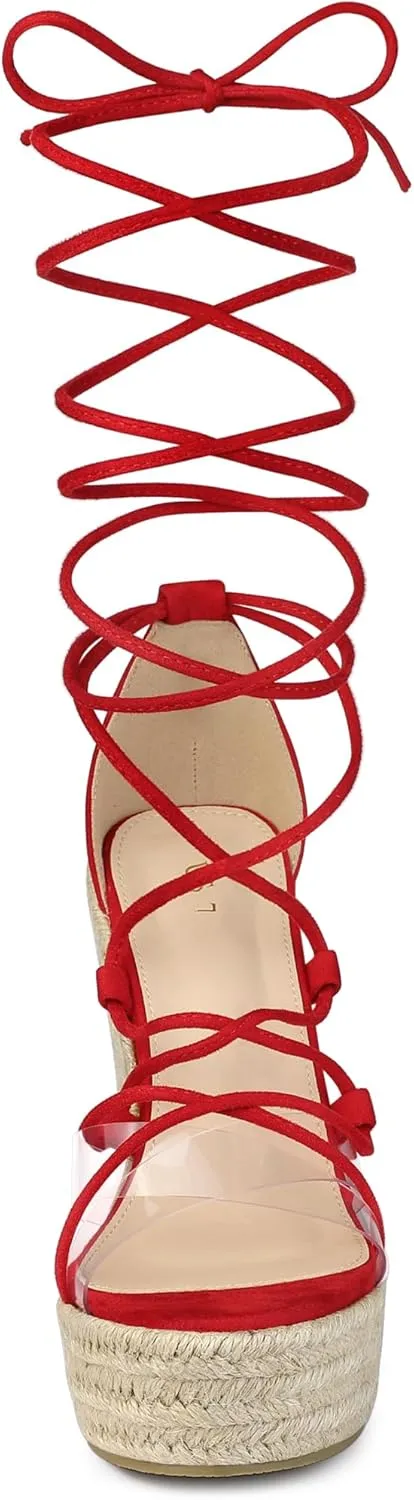 Allegra K Women's Platform Espadrilles Heels Clear Strap Lace Up Wedges Sandals
