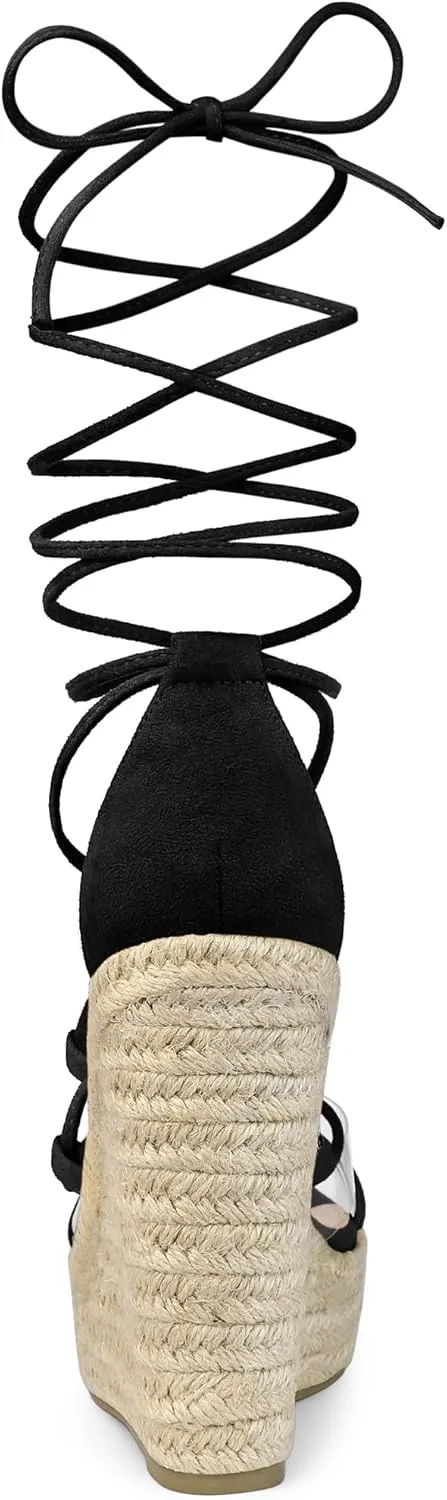 Allegra K Women's Platform Espadrilles Heels Clear Strap Lace Up Wedges Sandals