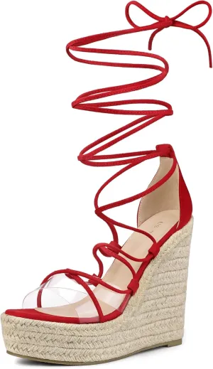 Allegra K Women's Platform Espadrilles Heels Clear Strap Lace Up Wedges Sandals