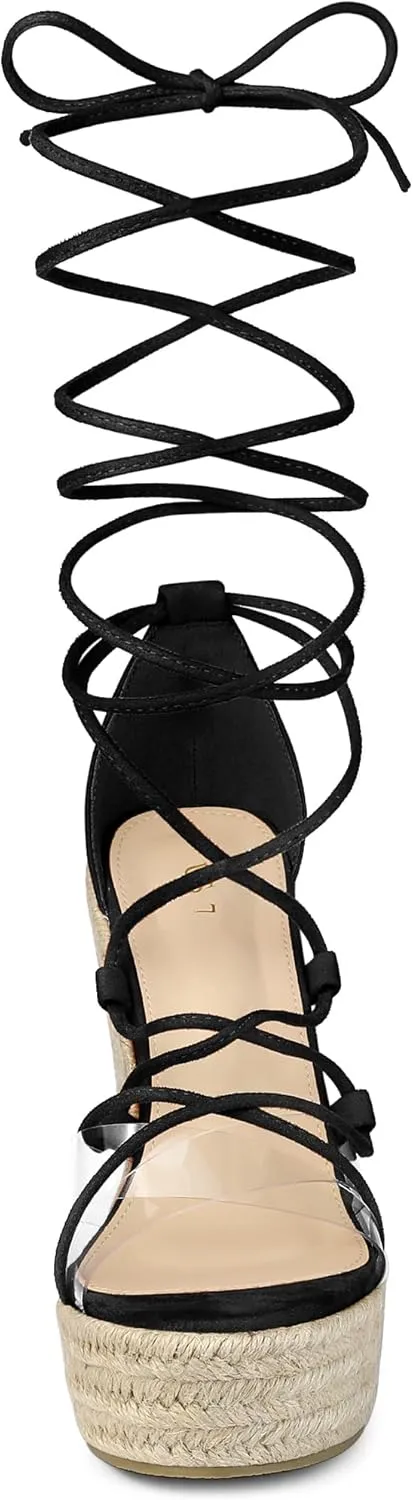 Allegra K Women's Platform Espadrilles Heels Clear Strap Lace Up Wedges Sandals
