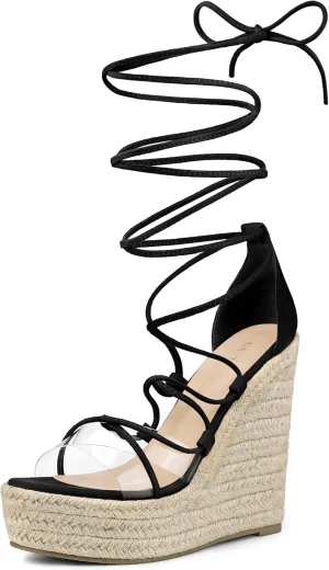 Allegra K Women's Platform Espadrilles Heels Clear Strap Lace Up Wedges Sandals