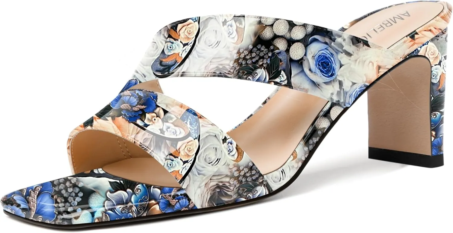 AMBELIGHT Womens Patent Night Club Dress Square Toe Slip On Block Mid Heel Sandals 2.5 Inch