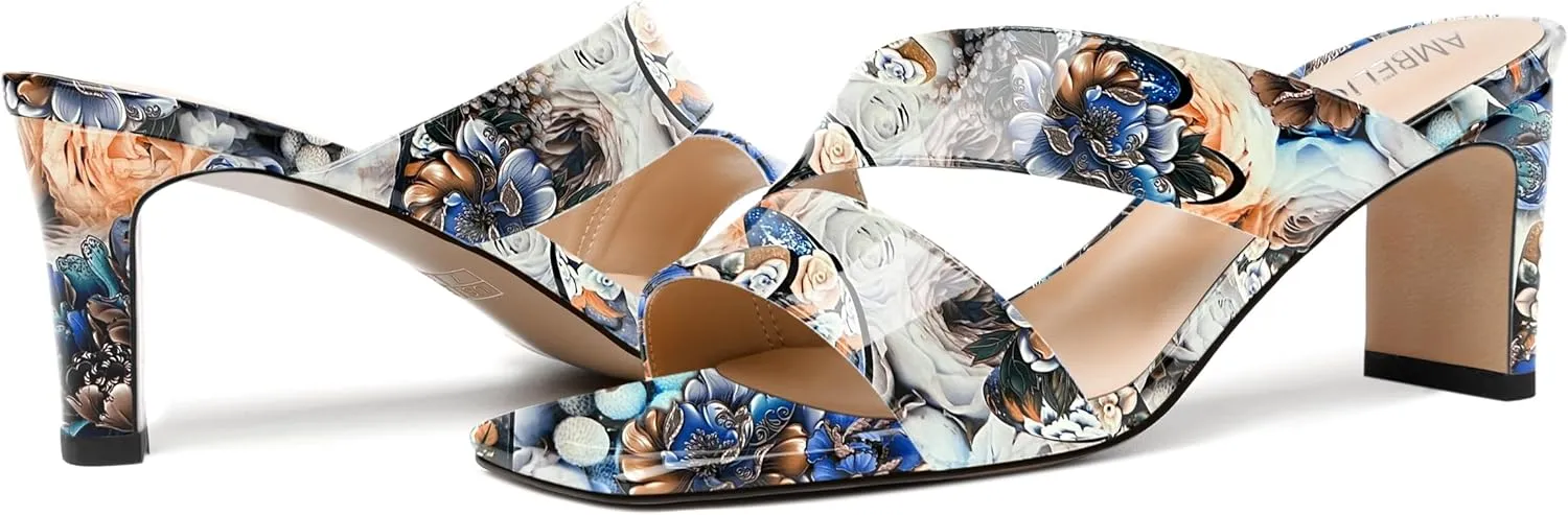 AMBELIGHT Womens Patent Night Club Dress Square Toe Slip On Block Mid Heel Sandals 2.5 Inch