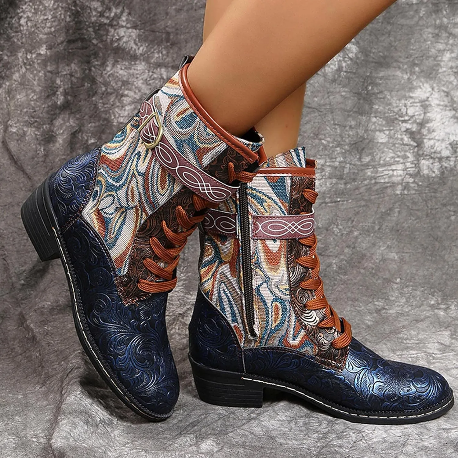 AMDBEL Boots For Women Fashion Dressy Womens Short Boots Classic Red Boots Colorblock Plaid Lace Up Retro Thick Heel Boots