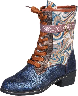 AMDBEL Boots For Women Fashion Dressy Womens Short Boots Classic Red Boots Colorblock Plaid Lace Up Retro Thick Heel Boots