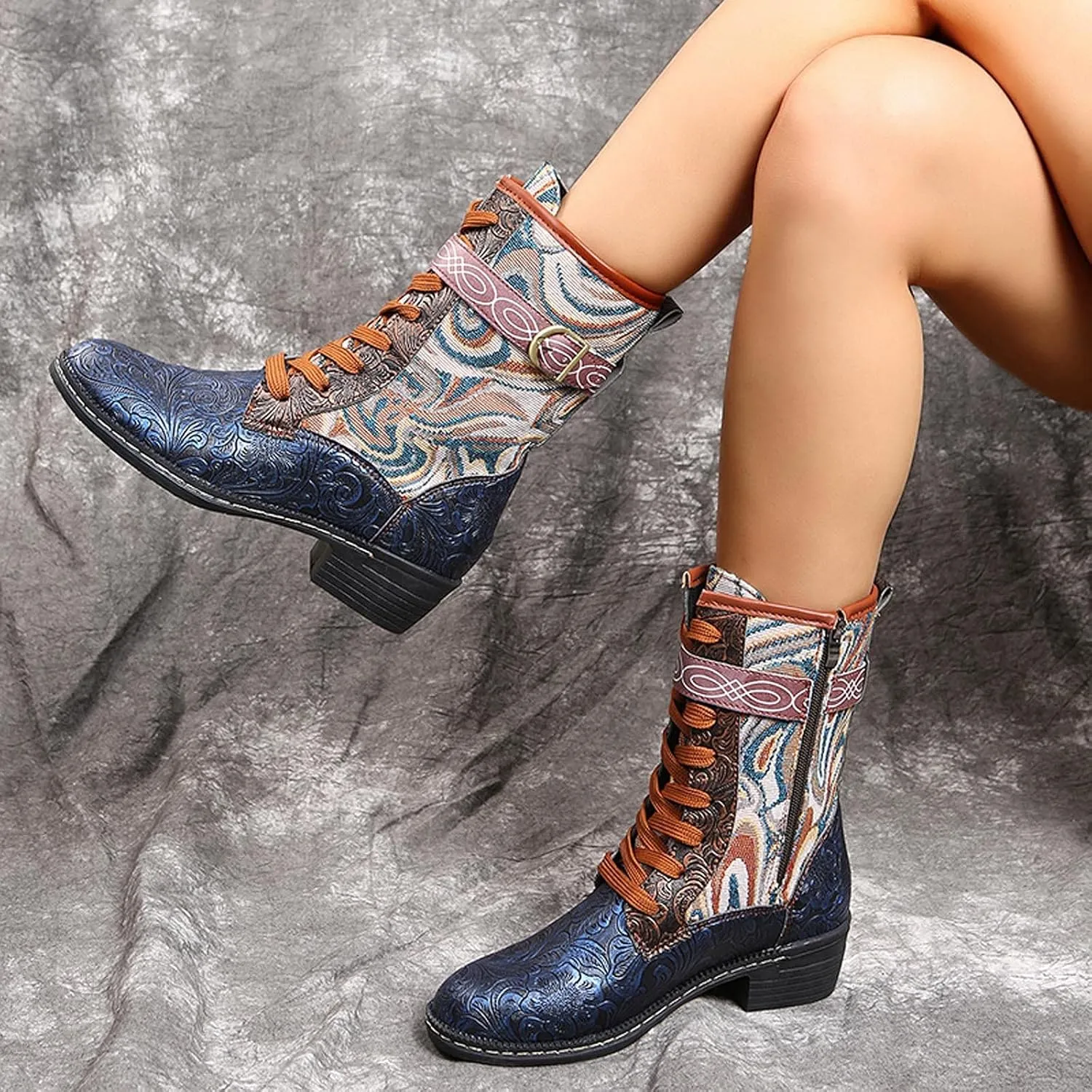 AMDBEL Boots For Women Fashion Dressy Womens Short Boots Classic Red Boots Colorblock Plaid Lace Up Retro Thick Heel Boots