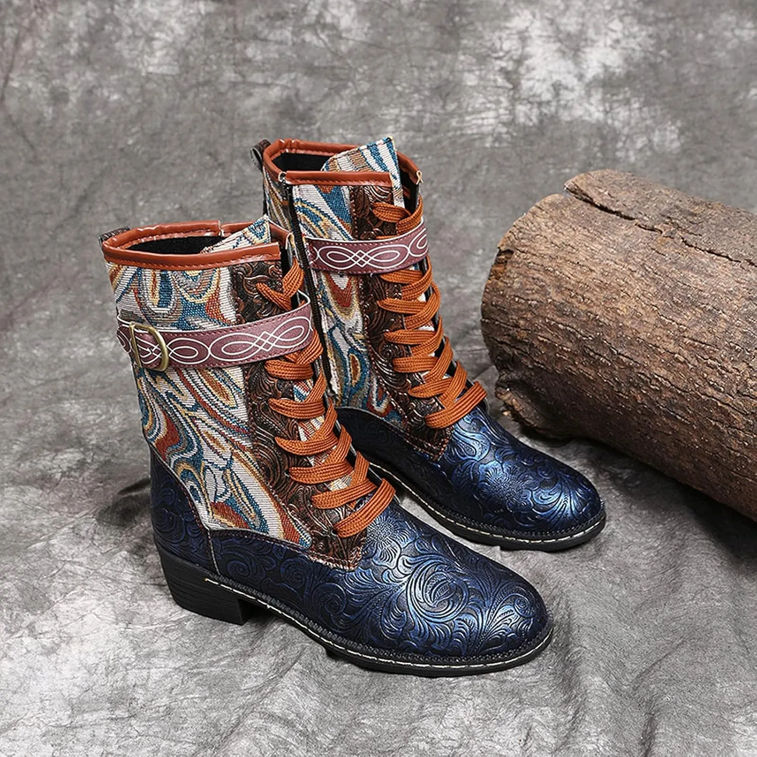 AMDBEL Boots For Women Fashion Dressy Womens Short Boots Classic Red Boots Colorblock Plaid Lace Up Retro Thick Heel Boots