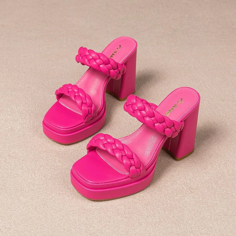 Amoji Women 4 Inch Platform Chunky Heels Two Strap Slip On Heeled Braided Sandals 314