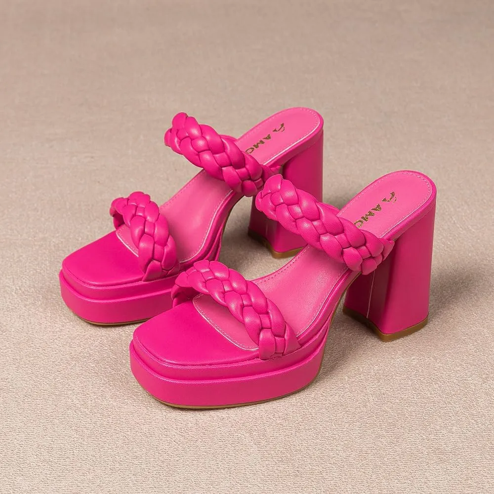 Amoji Women 4 Inch Platform Chunky Heels Two Strap Slip On Heeled Braided Sandals 314