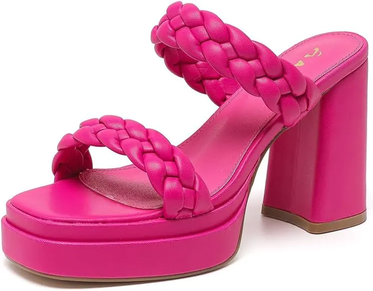 Amoji Women 4 Inch Platform Chunky Heels Two Strap Slip On Heeled Braided Sandals 314