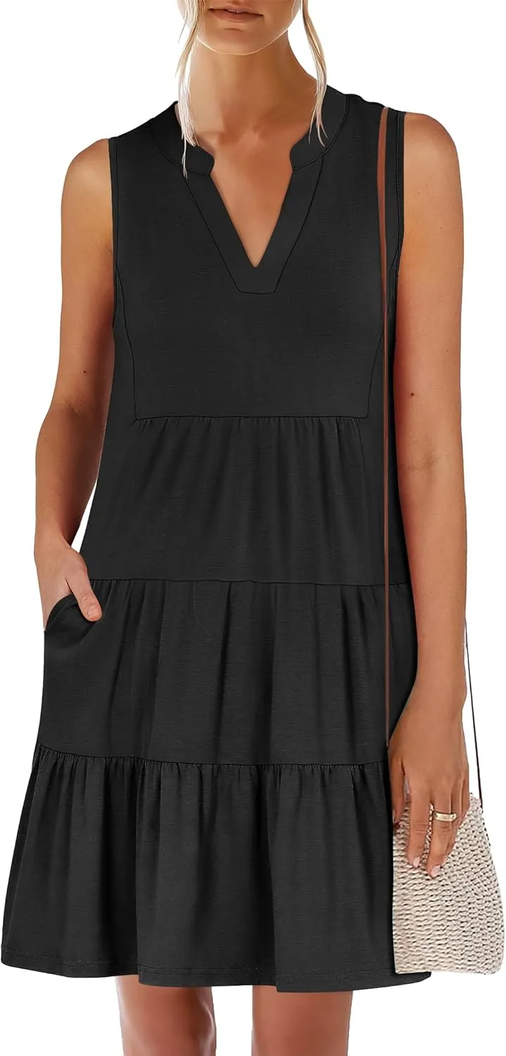 ANRABESS Womens Mini Dresses Sleeveless V Neck Tiered Swing Going Out Beach Vacation Sundress 2025 Summer Casual Outfits
