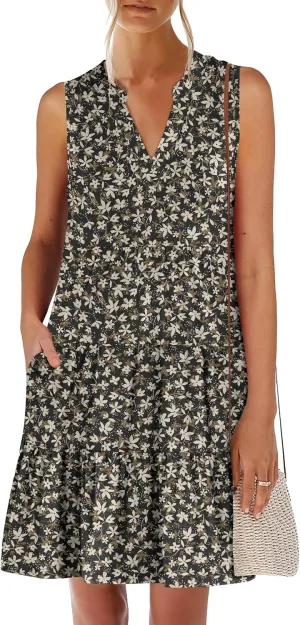ANRABESS Womens Mini Dresses Sleeveless V Neck Tiered Swing Going Out Beach Vacation Sundress 2025 Summer Casual Outfits