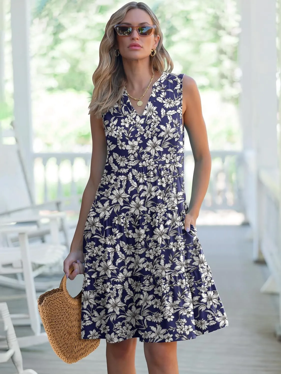 ANRABESS Womens Mini Dresses Sleeveless V Neck Tiered Swing Going Out Beach Vacation Sundress 2025 Summer Casual Outfits