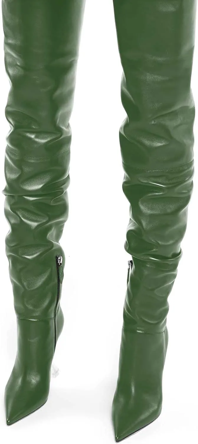 anteikira Women's Fashion Pointed Toe Clear Heel Over the Knee Boots Slouch High Heel Side Zipper Tall Boots for Women Size 5.5-12US