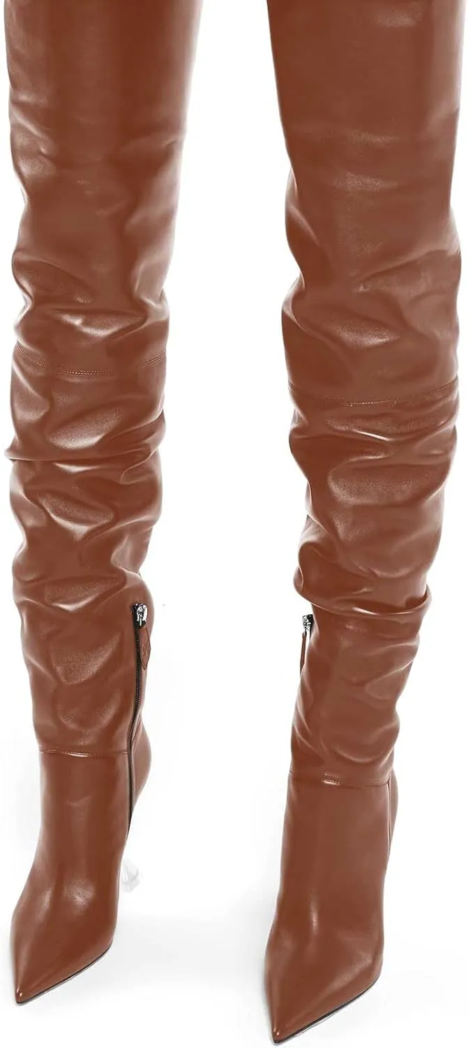 anteikira Women's Fashion Pointed Toe Clear Heel Over the Knee Boots Slouch High Heel Side Zipper Tall Boots for Women Size 5.5-12US