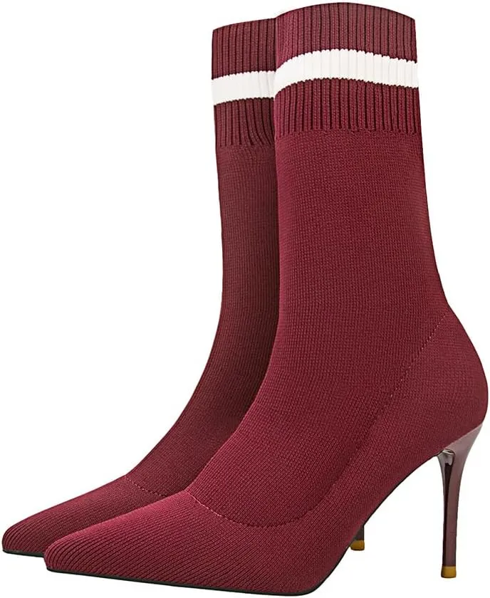 anteikira Women's Sock Bootie Stiletto High Heel Stretch Ankle Boots Pull On Pointed Toe Knit Winter Soft Comfortable Short Mid Calf Boot For Laides