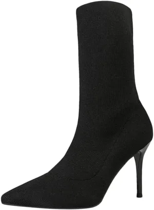 anteikira Women's Sock Bootie Stiletto High Heel Stretch Ankle Boots Pull On Pointed Toe Knit Winter Soft Comfortable Short Mid Calf Boot For Laides