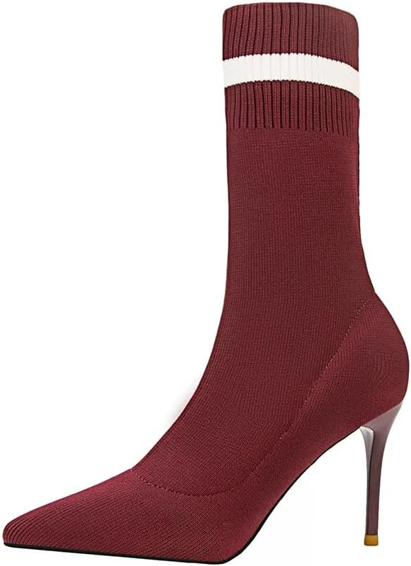 anteikira Women's Sock Bootie Stiletto High Heel Stretch Ankle Boots Pull On Pointed Toe Knit Winter Soft Comfortable Short Mid Calf Boot For Laides