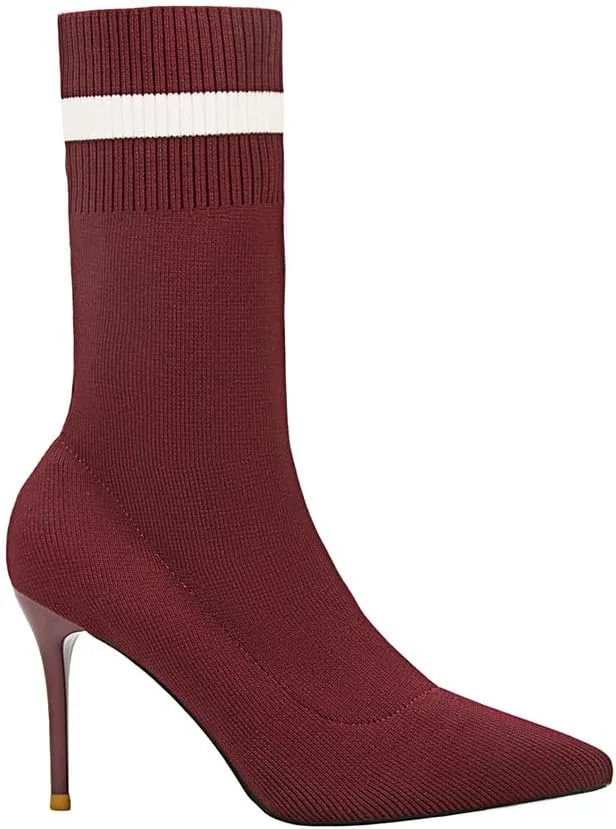 anteikira Women's Sock Bootie Stiletto High Heel Stretch Ankle Boots Pull On Pointed Toe Knit Winter Soft Comfortable Short Mid Calf Boot For Laides