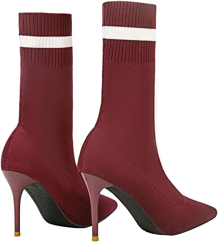 anteikira Women's Sock Bootie Stiletto High Heel Stretch Ankle Boots Pull On Pointed Toe Knit Winter Soft Comfortable Short Mid Calf Boot For Laides