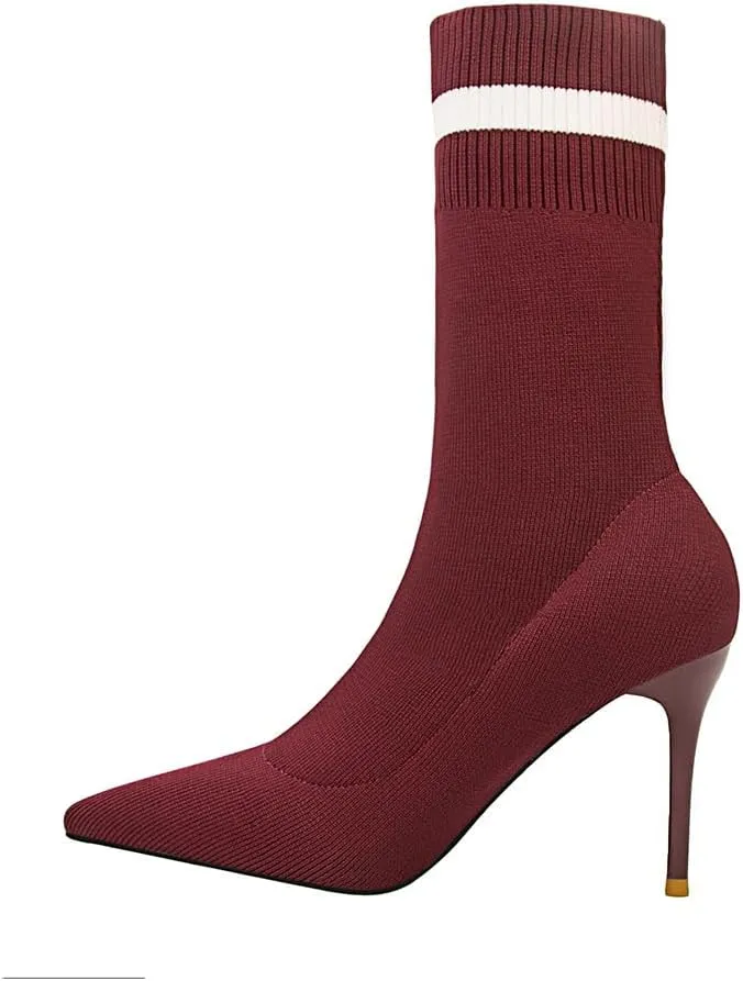 anteikira Women's Sock Bootie Stiletto High Heel Stretch Ankle Boots Pull On Pointed Toe Knit Winter Soft Comfortable Short Mid Calf Boot For Laides