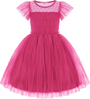 Arshiner Little Girl Dresses Contrast Mesh Ruffle Sleeve Birthday Holiday Princess Toddler Tulle Dress for 2-7 Years Old