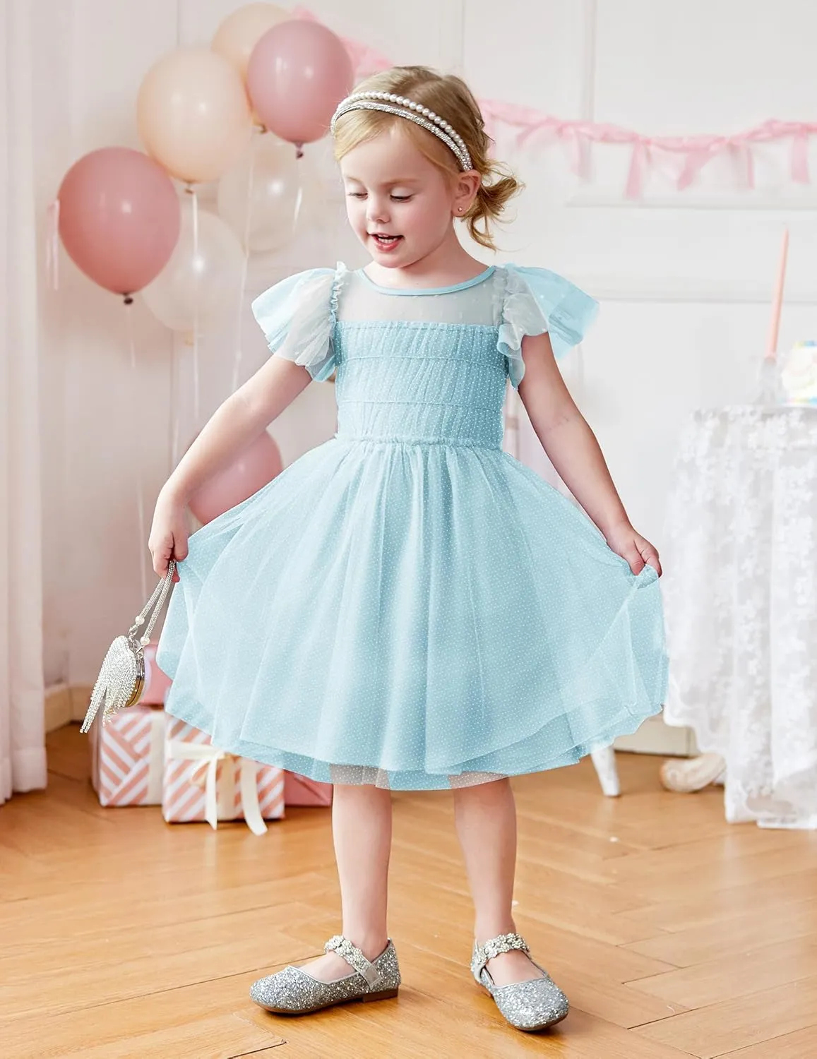 Arshiner Little Girl Dresses Contrast Mesh Ruffle Sleeve Birthday Holiday Princess Toddler Tulle Dress for 2-7 Years Old