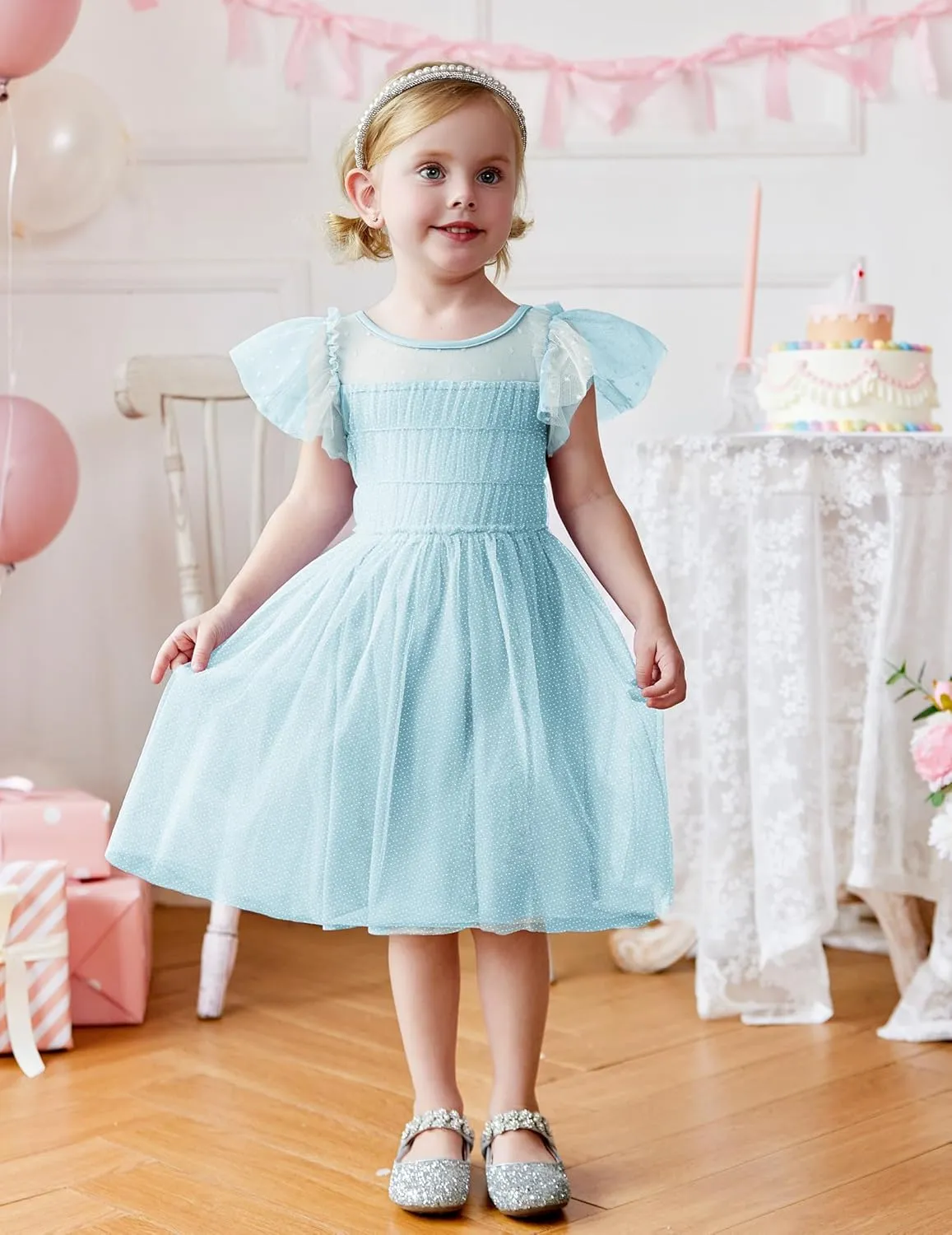 Arshiner Little Girl Dresses Contrast Mesh Ruffle Sleeve Birthday Holiday Princess Toddler Tulle Dress for 2-7 Years Old