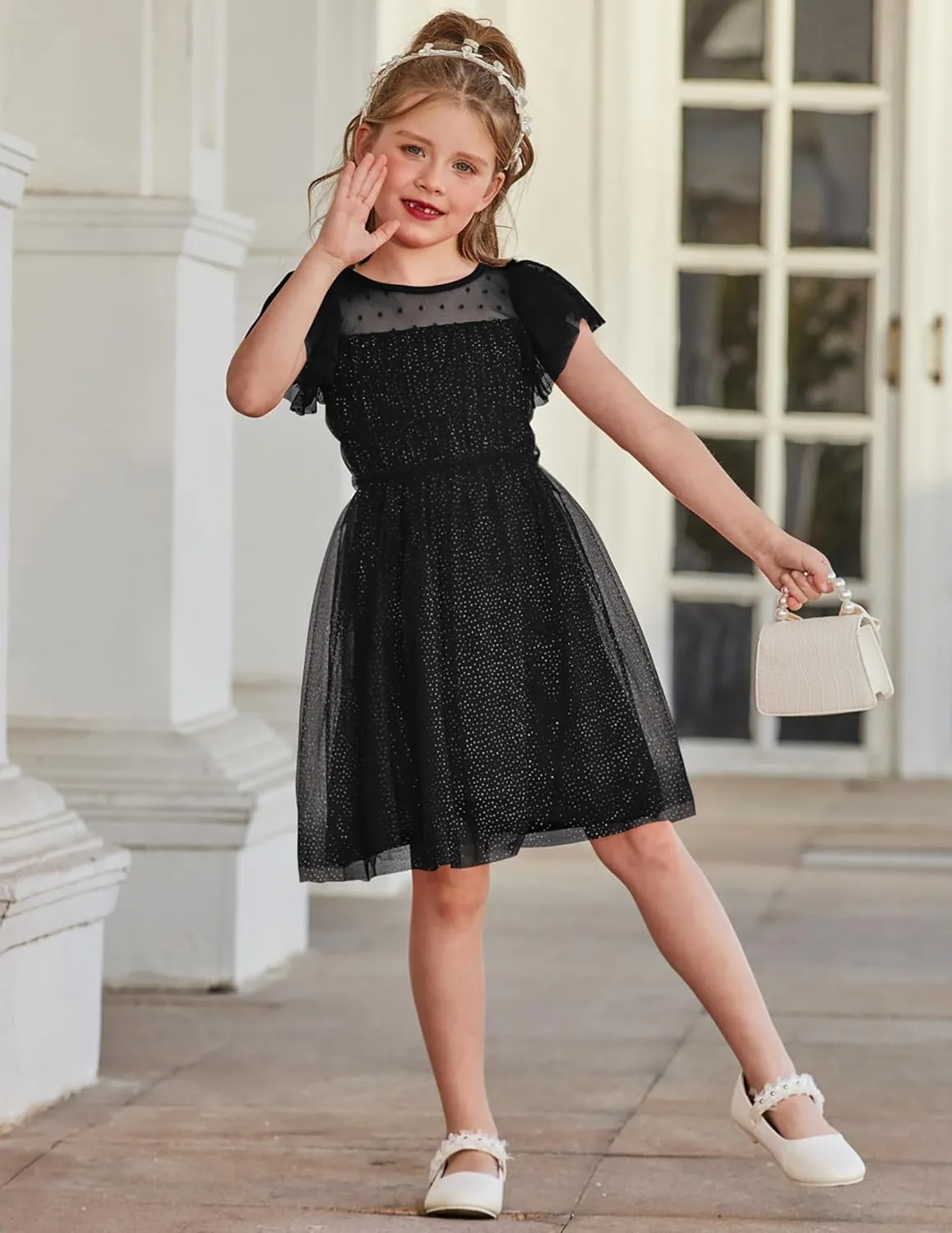 Arshiner Little Girl Dresses Contrast Mesh Ruffle Sleeve Birthday Holiday Princess Toddler Tulle Dress for 2-7 Years Old